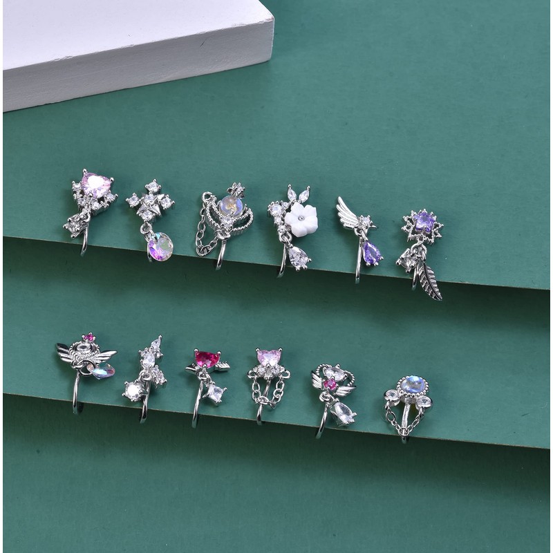 PLOMFOV 12Pcs African Fake Nose Ring for Women Dangling Nose
