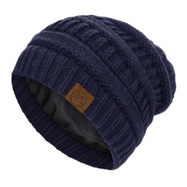 Gorros de invierno con forro de satén para mujer, gorro de invierno con forro de seda para invierno, gorro de punto cálido con puños, Azul marino, Talla única