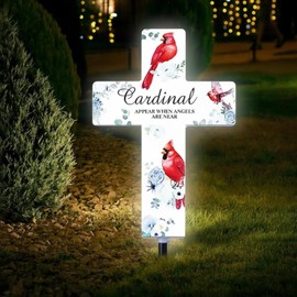 Yousoontic Cardinal Grave Solar Cross Lights Outdoor Memorial Garden Stake Cross Lights for Cemetery Grave Christmas Cardinal Garden Decor Solar Stake for Patio Memorial Decoration(Classic Style)