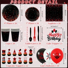 KEFAN Red Black Birthday Party Decorations, Red Black Theme Party Tableware Supplies including Backdrop, Plates, Cups, Napkins, Tablecloth, Balloons, Serves 20