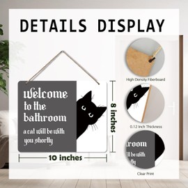 Udinaz Funny Black Cat Bathroom Welcome Hanging Sign, Funny Bathroom Wall Decor, Black Cat Hanging Humorous Wood Plaque Decor for Bath Room Washroom Wall Door Decorations