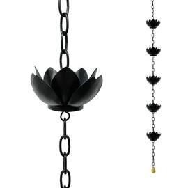 LWSELLS Lotus Rain Catcher Chain for Gutters Outside, Rain Chain Cups to Replace Gutter Downspout, Divert Water and Home Display, 5 Cups, Adjustable,Black Powder Coated