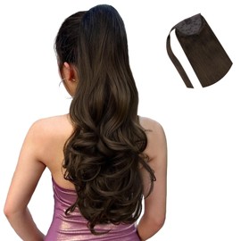 HOTBANANA 22 Inch Ponytail Extension - Human Hair Clip in Wrap Around Hair Piece, Light Dark Brown, Long Straight Remy Human Hair Extension 90g
