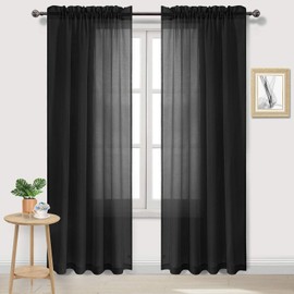 DWCN Black Sheer Curtains, Semi Transparent Voile Rod Pocket Window Treatments Privacy Protect Drapes for Living Room,Bedroom,Kitchen,Set of 2 Panels, W52 x L95