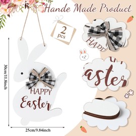 RattanView 2 Pcs Easter Decorations Door Hangers Wooden Happy Easter Bunny Rabbit Welcome Sign Wreaths for Front Door Wall Home Indoor Outdoor Office Spring