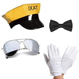 Mega_JumbleSale® Adult Unisex Chauffeur Hat/Cap, Bow Tie, Sunglasses and White Gloves - Taxi Driver Uniform Book Week Day Fancy Dress Accessory