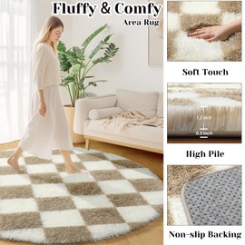 KICMOR Round Rugs 5ft for Bedroom Living Room, Fluffy Soft Circle Area Rug Fuzzy Shag Shaggy Carpet, Beige and Cream White Checkered Circular Rug for Kids Girls Boys Nursery Home Decor Aesthetic