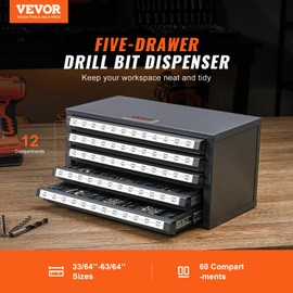 VEVOR Drill Bit Dispenser Cabinet, Five-Drawer Drill Bit Dispenser, 1/2" Reduced Shank Drill Bit Organizer Cabinet, Drill Dispenser Organizer Cabinet for Sizes 33/64" to 63/64" in 1/64" Increments