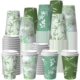 Jingmore 100 Pcs 12oz Spring Disposable Coffee Cups with Lids 4 Sage Green Themed Gradient Pattern Paper Cups Travel Coffee Mugs for Spring Dinner Event Decoration Wedding Kitchen Restaurant Supplies