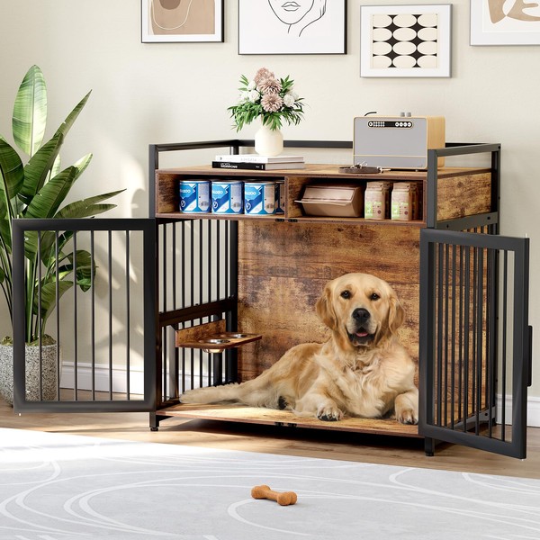 Dog Crate Furniture, 48 Inch Wooden Dog Cage with 2