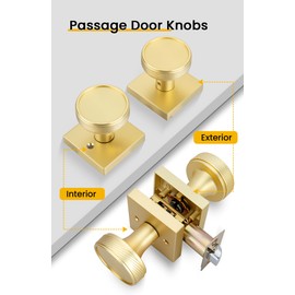 Goldenwarm Passage Door Knob Gold, Zinc-Alloy Modern Brushed Gold Closet Door Knob Interior for Hallways, Heavy Duty Square Gold Modern Doorknob - 1 Pack