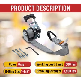 Mytee Products 4 Pack 1-1/2" x 8’ Mountable Rack-Ratchet Straps with Double J-Hook - 1,500 lbs Breaking Strength - Ladder Rack Ratchet Tie Down Straps