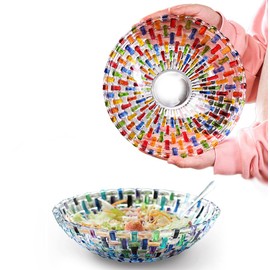 TUCHACA Colorful Woven Glass Fruit Bowls Set of 2 (2 colors). Decoration Old Fashioned Glass Plates. 10 inch Large Bowl Hand Painted Multicolor Salad Bowls. Suitable for Dessert, Candy, Snack & More.