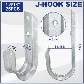 Gisafai 25 Pcs Cable Support J-Hook, Garage Hooks for Hanging, Heavy Duty Metal Network J-Hook for Cable and Wire Management Wall Mount J Utility Hooks, G60 Galvanized Steel(Silver, 1-5/16 Inch)