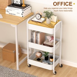 HIDODO 3 Tier Metal Utility Cart, Rolling Storage Cart with Wooden Tabletop, Metal Organizer Cart with Lockable Wheels for Office, Bedroom, Kitchen and Living Room (White)