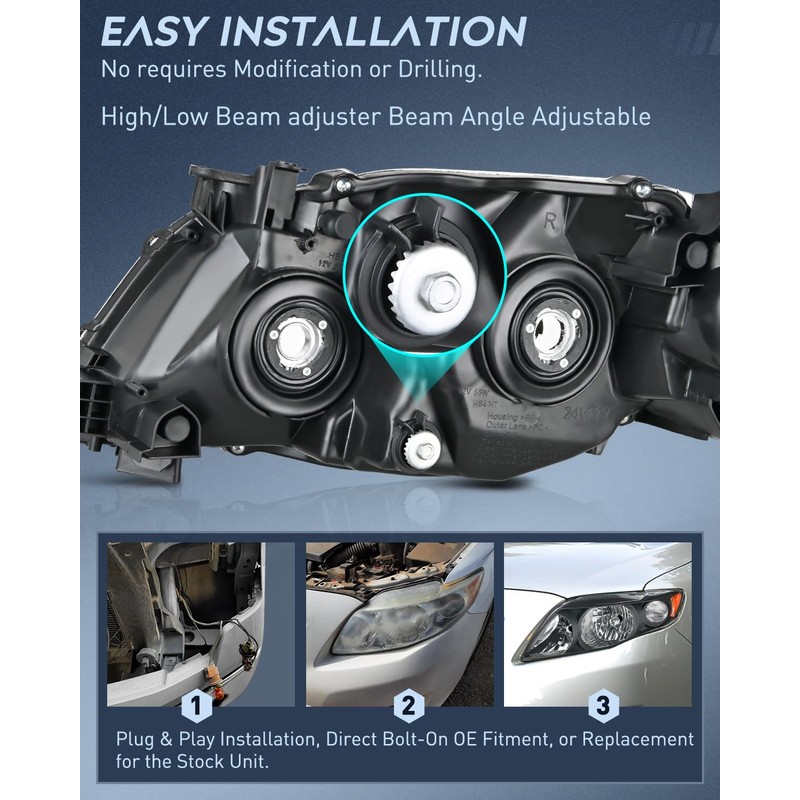 Nilight Headlight Assembly Compatible with 2009 2010 Toyota Corolla XLE/LE/Base