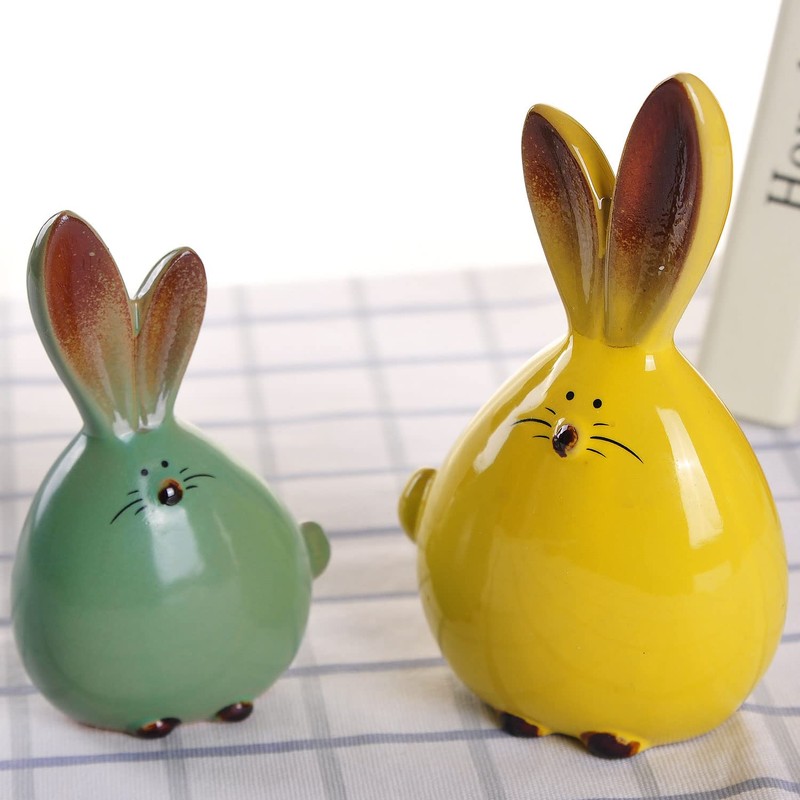 WHJY 2pcs Cute Long-Eared Bunny Sculpture Ornaments Desktop Ceramic Easter