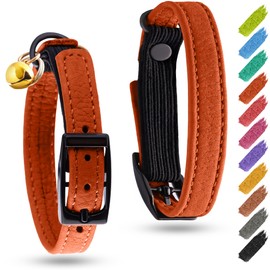 Leather Cat Collar with Bell & Elastic Strap - Pet Collar Leather - Leather Kitten Collar - Cats Small and Big Cat Collar for Boy Cats, Girl Cats with Safety Elastic Strap (Orange, 6" - 8")