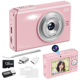 Moledro 4K Digital Camera, 50 Megapixels, Flashlight Function, Dual Camera, 128 GB Micro SD Card Included, 16x Digital Zoom, Image Stabilization, Face Detection, Webcam Selfies, Convenient for