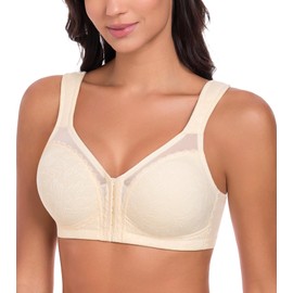 Lemorosy Minmizer Bra Without Underwire Front Closure Large Breasts Strong Hold Unpadded Back Support Non-Wired Classic Bra, beige, 95D