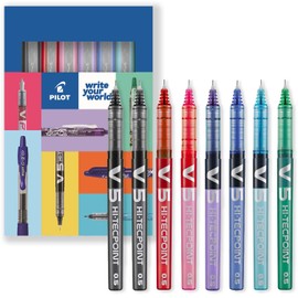 Pilot V5 Hi-Tecpoint Rollerball Pen - Fine 0.5mm Nib - 2 x Black, Blue, Light Blue, Green, Violet, Pink, & Red Ink - Cardboard Gift Wallet Pack of 8