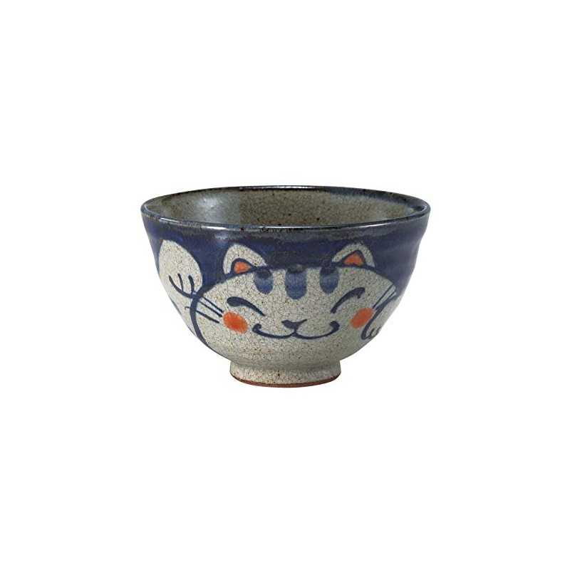 Hasamiyaki 10258 Rice Bowl (Large/Blue) Hand-painted Cat Made in Japan