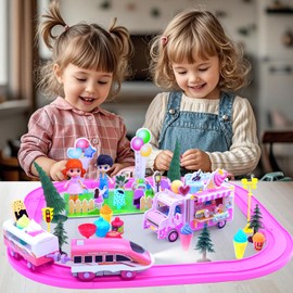 Pink Train Sets for Toddlers|Musical Electric Train Toys with DIY Ice Cream Truck 3D Foam Puzzles Party Scene Building Kit & Dolls for Girls Boys 3-5 Years Old Parent-Child Interaction Birthday Gift
