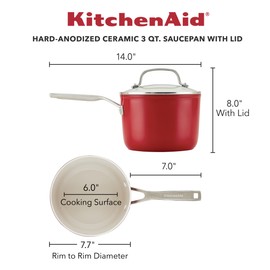 KitchenAid Hard Anodized Ceramic Nonstick Cookware Sauce Pan with Lid, 3 Quart - Empire Red