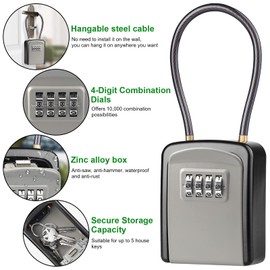 Key Lock Box, [New Version] [Flexible Rope] Diyife Portable Outdoor Lock Box for Keys with Removable Chain, Weatherproof 4-Digit Combination Key Safe for Home Garage Office[Grey]