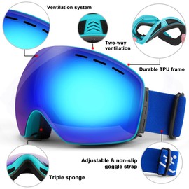 Trusiel Ski Goggles, Ski Goggles Women Men Anti-Fog Ski Goggles OTG, Ski Goggles for Glasses Wearers, 400 UV Protection, Snow Goggles Compatible Helmet (Blue (VLT 15%))