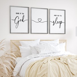 Heiple Give It to God and Go to Sleep Sign Set of 3 Above Bed Wall Decor Farmhouse Bedroom Decor Wood Framed Wall Art Rustic Master Bedroom Essentials Home Wall Decoration (Gray, 11”x14”)