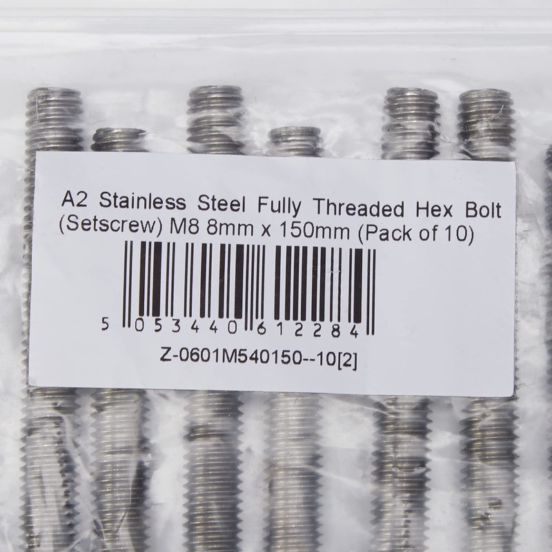 AHCA2 Stainless Steel Fully Threaded Hex Bolt (Setscrew) M8 8mm