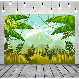 CORFOTO Jungle Safari Backdrop 8x6ft Fabric Wild Animals Mountains Green Forest Photography Background for Safari Themed Birthday Party Decorations Zoo Party Banner Kids Baby Shower Photo Booth Props