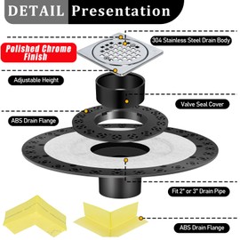Shower Drain Kit Compatible with Schluter kerdi Systems, 4 inch Drain Grate Kit with Vertical ABS 2 Inch Flange, ABS Plastic Pipe, Corners and Seals, Shower Floor Drain Kit Replacement