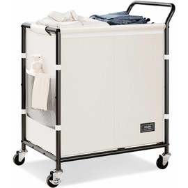 SOLEDI Laundry Basket with Wheels,38 Gallons(145L) Laundry Hamper 2 Section,Sturdy Metal Frame with Handle,Laundry Cart,Rolling Laundry Basket for Bedroom Aesthetic,Easy to Assemble,Ivory