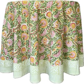 ATOSII Clover Green 100% Cotton Round Tablecloth, Hand Block Print Floral Table Cloth for Kitchen Dining Linen I Parties, Weddings, Outdoors, Holidays, Easter I Spring Summer 90" Inches Round