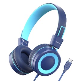 Bywulanda Bywulanda Upgrade USB Type C Kids Headphone for School, 94dB Safe Volume Limited, HD Stereo Sound, Foldable Lightweight On-Ear Headphones for Boys/Girls/Students/Tablet/Travel (Dark Blue)