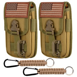 bvya 2 Pack Tactical Molle Phone Pouches, Smartphone Waist Belt Holster Utility Card Holder with Flag Patch Paracord Keyring and D-Ring for 4.7"-6.9" Phone