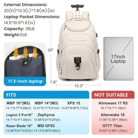 Boavan Rolling Backpack for Women, 17.3 Inch Wheeled Laptop Backpack,Large Travel Carry-On Bag for Teachers College Students, USB Charging Port Waterproof Business for Airplane Overnight Luggage，Beige