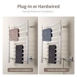 NORTTA Wall Mounted Towel Warmer Square 10 Bars with Plug-in and Hardwired Options 3 Working Modes Mirror Polished Stainless Steel 21" W 34" H