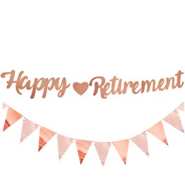 Happy Retirement Banner, Rose Gold Retirement Party Decoration The Legend Has Retired Banner with Bunting Flags Ideal for Women Man Retirement Party Supplies