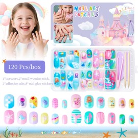 Press on Nails for Kids Short Square Fake Nails with Designs Ocean False Nail for Children Glossy Full Cover Artificial Acrylic Star Fish Glue on Nails for Kid Girls Manicure 120 Pcs