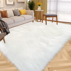 White Faux Fur Rug 6x9 Feet Fluffy Area Rug for Living Room Bedroom Kids Room Nursery Large Washable Faux Fuzzy Sheepskin Rug Floor Durable Shaggy Carpet, Rectangle