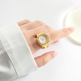 JewelryWe Ring Watch Finger Watch Women's Watches Square Quartz Analogue Adjustable Metal Ring Watch Women Glitter Rhinestone Finger Ring Watch Ring with Black Rectangular Dial, Gold white, Bracelet