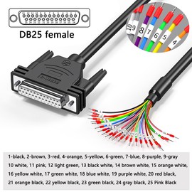JUXINICE DB25 Female to Bare Wire with Cable Marker 3.3ft,D-SUB 25-Pin Connector RS232 Serial to Bare Wire Cable,25 Wire All Provided with Wiring Terminals -Black