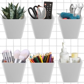 Large Grid Wall Bins - 6Pack Gray Gridwall Accessories Hanging Cups with Back Hooks - Plastic Grid Wall Panels Organizers Wire Shelves Holders for Garage Garden Craft Office Tools Storage