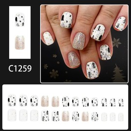 Christmas Press on Nails Short Square Nails Press ons with Cute Christmas Tree Design Sliver Glitter Striped Fake Nails Glossy Full Cover White Glue on Nails Winter Xmas Holiday Nail for Women 24Pcs