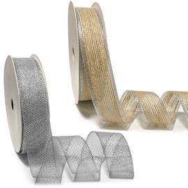 Natural Burlap Silver Wired Edge & Silver Glitter Ribbon for Gift Wrapping 1 Inch *40Yards Thick Ribbon for Wreaths Beige 2 Rolls for Crafts and Decor Versatile Jute for DIY Projects-Heather's cf