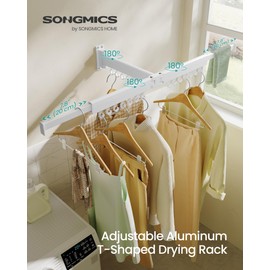 SONGMICS Clothes Drying Rack, Wall-Mounted Laundry Drying Rack, Extendable, Foldable Arms, with 21 Swivel Sliding Hooks, Space-Saving, for Laundry Room, Bathroom, Cloud White ULLR807W01