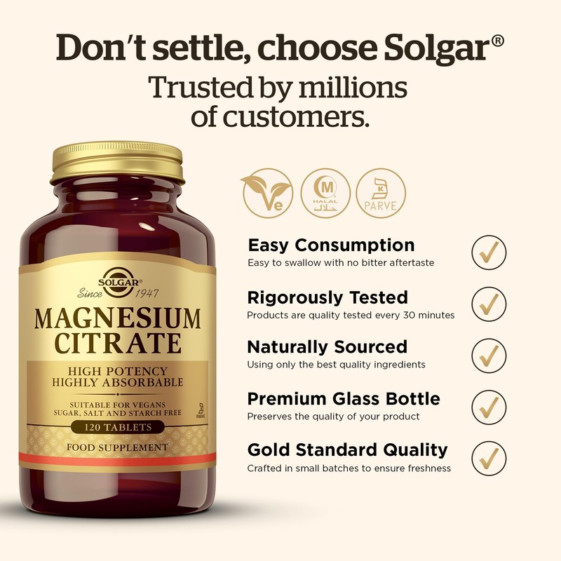 Solgar Magnesium Citrate Tablets, Supports The Nervous System, Energy Release,